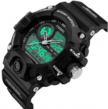Fanmis Men's Analog Digital Dual Display Sports Watches Military Multifunctional 50M Waterproof LED Watch (Black)