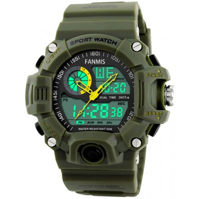 Fanmis Men's Analog Digital Dual Display Sports Watches Military Multifunctional 50M Waterproof LED Watches (Green)